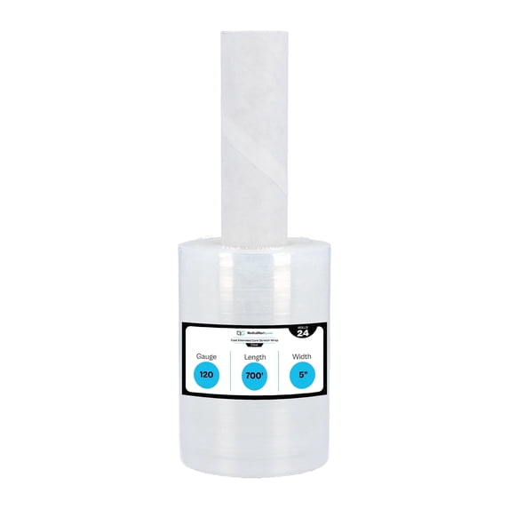 MMBM Mini Hand Stretch Wrap Extended Core 24 Rolls 5" x 700' 120 Gauge Clear Shrink Film for Moving and Wrapping