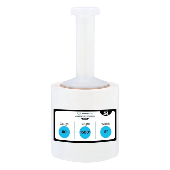 MMBM Cast Mini Stretch Wrap with Handle 5" x 1500' 80 Gauge 24 Rolls Clear Quiet Unwind Film for Moving Wrapping