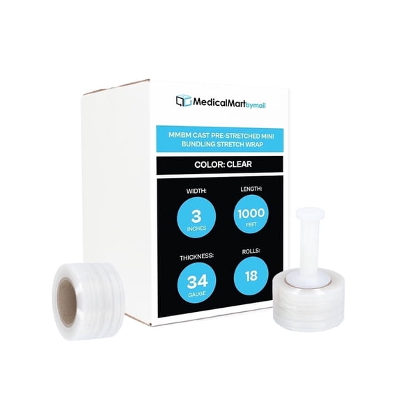 MMBM Pre-Stretched Mini Stretch Wrap 3" x 1000' 34 Gauge 18 Rolls Clear Plastic Film for Bundling and Wrapping