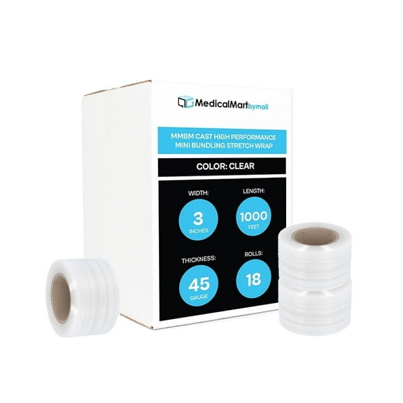 MMBM Mini Stretch Wrap with Plastic Handle 3" x 1000' 18 Rolls 45 Gauge Clear Wrap Film for Packaging