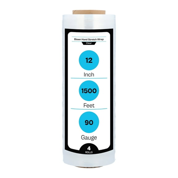 MMBM Blown Hand Stretch Wrap 12" x 1500' 90 Gauge 4 Rolls Clear Heavy Duty Film for Pallet Wrapping and Storage