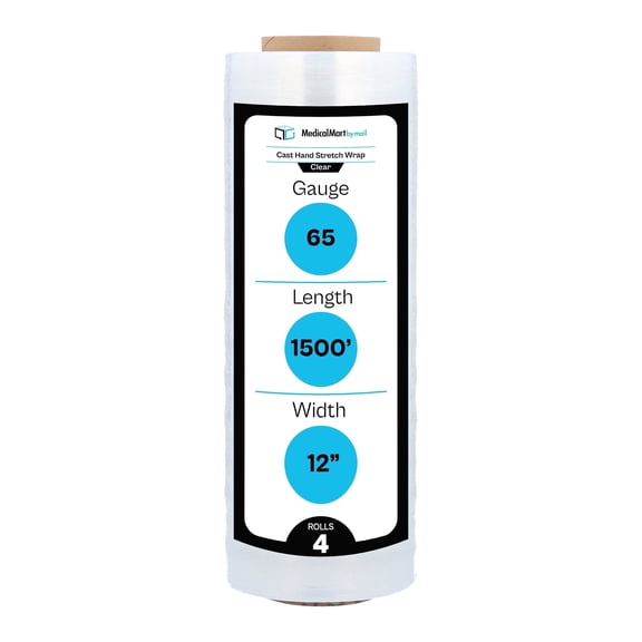MMBM Cast Hand Wrap 12" x 1500' 4 Rolls 65 Gauge Clear Puncture Resistant Shrink Film for Packing Wrapping