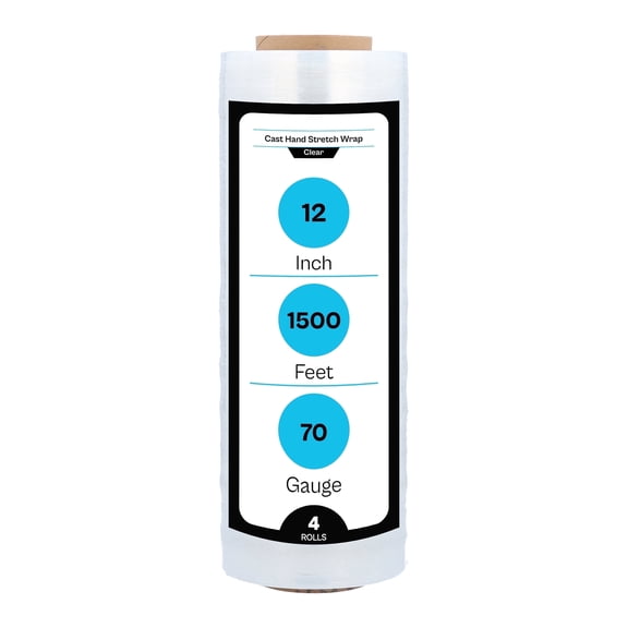 MMBM Cast Hand Wrap 12" x 1500' 4 Rolls 70 Gauge Clear Heavy Duty Shrink Film for Packaging & Storage