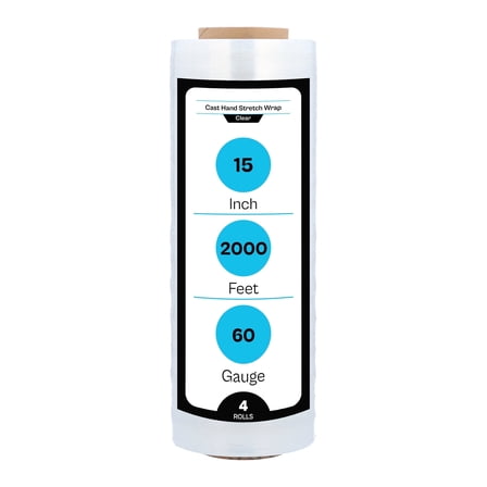 MMBM Cast Hand Stretch Wrap 15" x 2000' 4 Rolls 60 Gauge Clear Pallet Wrap for Storing Wrapping and Moving
