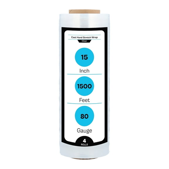 MMBM Stretch Wrap 4 Rolls 15" x 1500' 80 Gauge Clear Plastic Shrink Film for Packing Pallets and Shipping