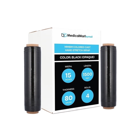 MMBM Cast Hand Stretch Wrap Black 15" x 1500' 4 Rolls 80 Gauge Opaque Plastic Film for Packing and Wrapping