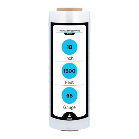 MMBM Cast Hand Stretch Wrap 18" x 1500' 4 Rolls 65 Gauge Clear Shrink Film for Moving Packaging and Wrapping