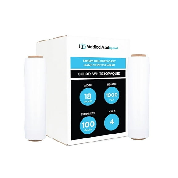 MMBM White Cast Hand Stretch Wrap 18" x 1000' 4 Rolls 100 Gauge Opaque Film for Moving and Wrapping Pallets