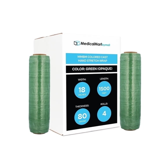 MMBM Cast Hand Stretch Wrap 18" x 1500' 4 Rolls 80 Gauge Plastic Green Opaque Self Adhesive Shrink Film for Packing