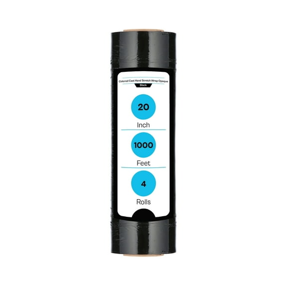 MMBM Cast Hand Stretch Wrap 20" x 1000' 4 Rolls Black Opaque Self Adhesive Shrink Film for Packing Moving Wrapping