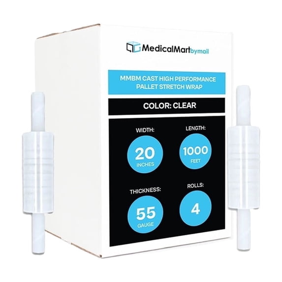 MMBM Stretch Wrap with Handles 20" x 1000' 4 Rolls 55 Gauge Clear Plastic Shrink Film for Packing and Wrapping