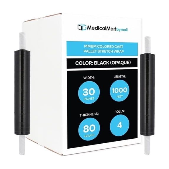MMBM Stretch Wrap with Handles 30 Inch x 1000 Feet 80 Gauge 4 Rolls Black Opaque Cast Hand Shrink Film for Shipping