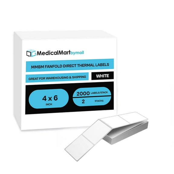 MMBM 4" x 6" Thermal Transfer Fanfold Label Blank Self Adhesive Compatible with Zebra 2000/Stack, 4 Stacks - 8000 Labels