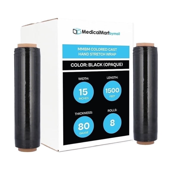 MMBM Black Cast Hand Stretch Wrap 15" x 1500' 8 Rolls 80 Gauge Opaque Plastic Cling Film for Wrapping and Packing