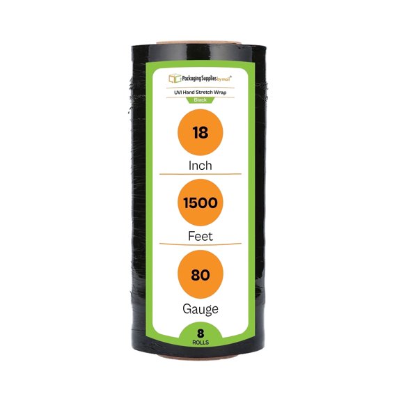 MMBM UVI Protection Hand Stretch Wrap 18 Inch x 1500 Feet 80 Gauge 8 Rolls Black Plastic Film for Shipping Moving