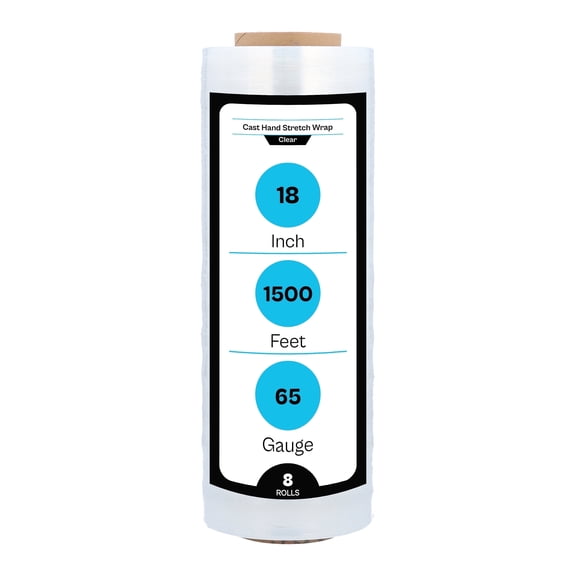 MMBM Cast Hand Stretch Wrap 18" x 1500' 8 Rolls 65 Gauge Clear Heavy Duty Plastic Film for Industrial Wrapping