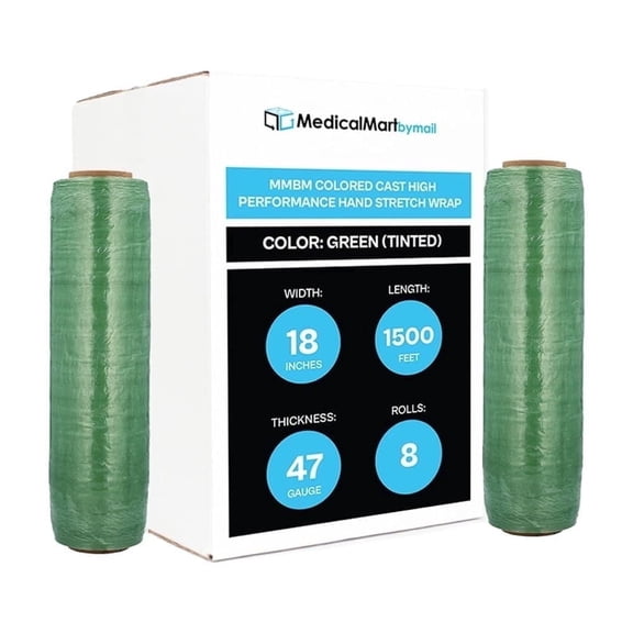 MMBM Tinted Green Hand Stretch Wrap 18" x 1500' 47 Gauge 8 Rolls Film for Bundling Moving and Storage