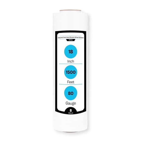 MMBM White Cast Hand Stretch Wrap 18" x 1500' 8 Rolls 80 Gauge Opaque Plastic Film for Shipping and Packing