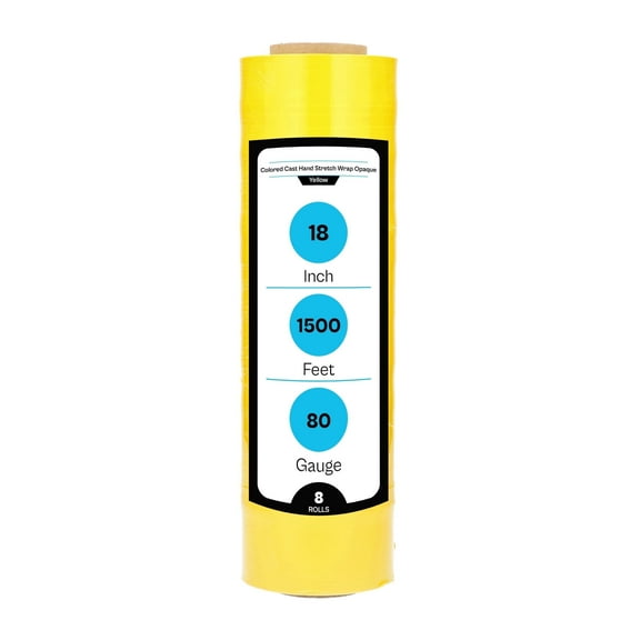 MMBM Cast Hand Stretch Wrap 18" x 1500' 8 Rolls 80 Gauge Plastic Yellow Opaque Self Adhesive Shrink Film for Wrapping