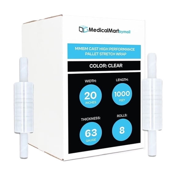 MMBM Stretch Wrap with Extended Core Handles 20" x 1000' 8 Rolls 63 Gauge Clear Plastic Shrink Film for Packing