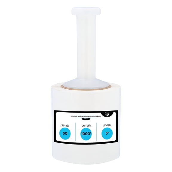 MMBM Mini Stretch Wrap with Plastic Handle 5" x 1000' 12 Rolls 50 Gauge Clear Plastic Shrink Film for Wrapping