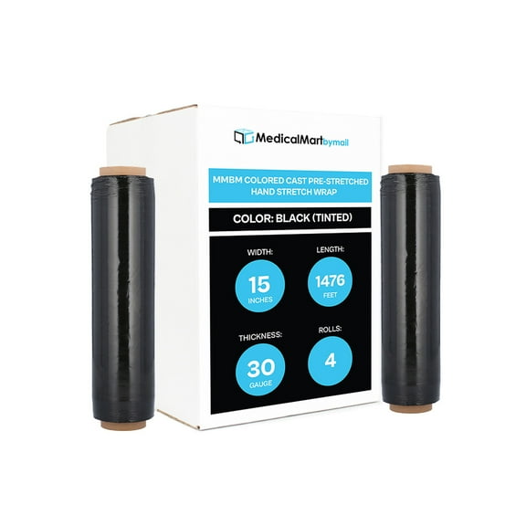 MMBM Pre-Stretch Black Shrink Wrap 15" x 1476' 4 Rolls 30 Gauge Hand Film for Pallet Wrapping & Moving
