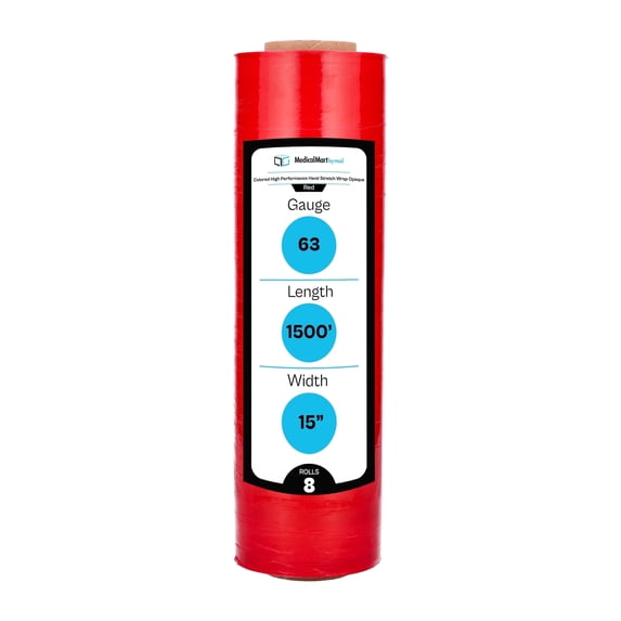 MMBM Red Hand Stretch Wrap 15" x 1500' 63 Gauge 8 Rolls Opaque Plastic Shrink Film for Shipping Packaging
