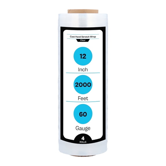MMBM Cast Hand Stretch Wrap 12" x 2000' 4 Rolls 60 Gauge Clear Tear Resistant Film for Moving and Packaging