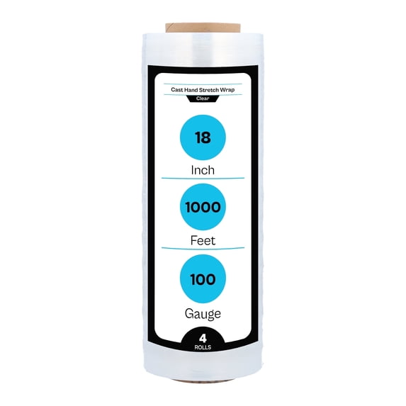 MMBM Cast Hand Stretch Wrap 18" x 1000' 100 Gauge 4 Rolls Clear Shrink Film for Packing Moving Packaging Wrapping