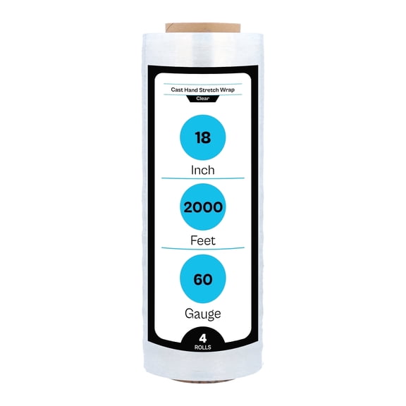 MMBM Cast Hand Stretch Wrap 18" x 2000' 60 Gauge 4 Rolls Clear Shrink Film for Packing Moving Packaging Wrapping