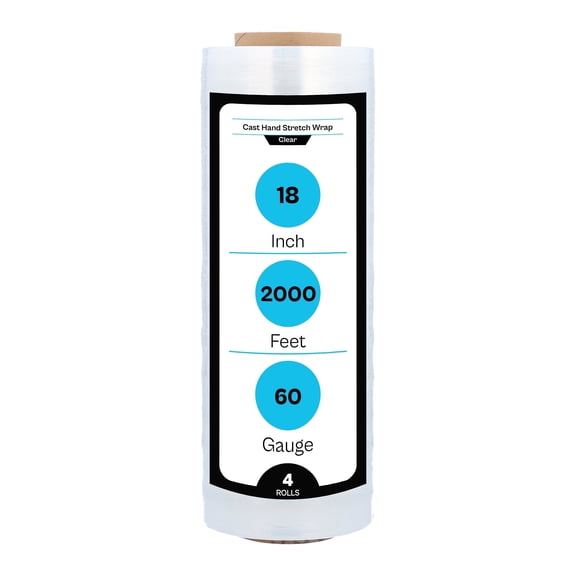 MMBM Cast Hand Stretch Wrap 18" x 2000' 60 Gauge 4 Rolls Clear Shrink Film for Packing Moving Packaging Wrapping