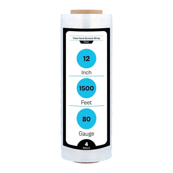 MMBM Cast Hand Wrap 12" x 1500' 4 Rolls 80 Gauge Clear Plastic Shrink Film for Packing Pallets & Moving