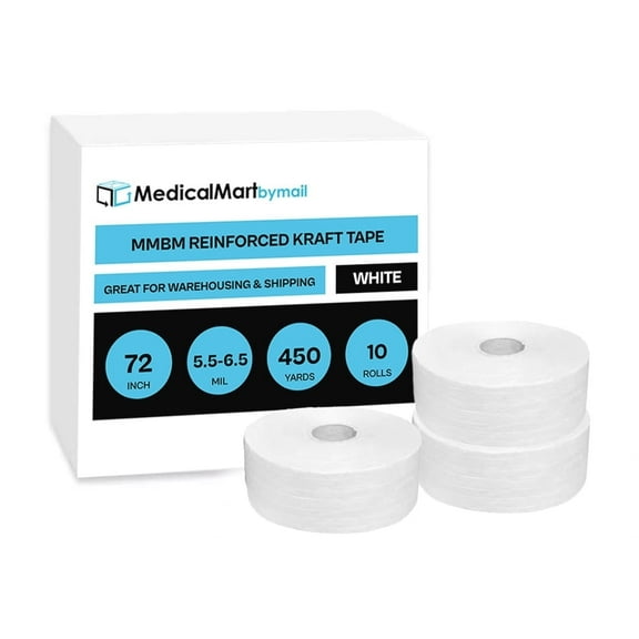 MMBM White Reinforced Kraft Tape 2.83" x 150 Yards, Water-Activated, Tamper Proof Sealing, 10 Rolls