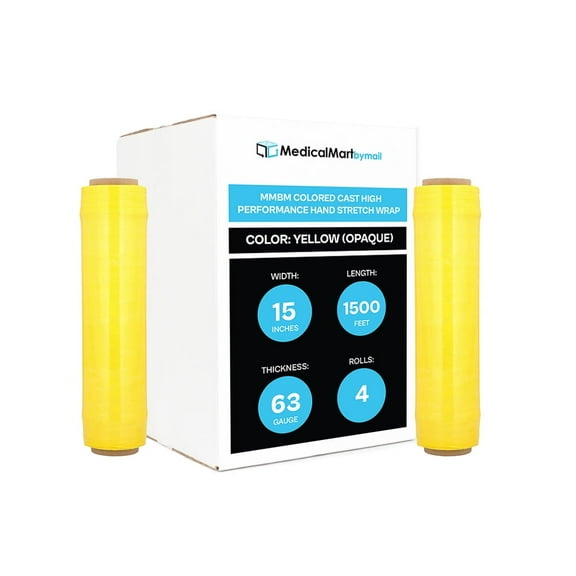 MMBM Yellow Opaque Stretch Wrap 15" x 1500' 4 Rolls 63 Gauge Hand Shrink Film for Pallet Wrapping and Moving