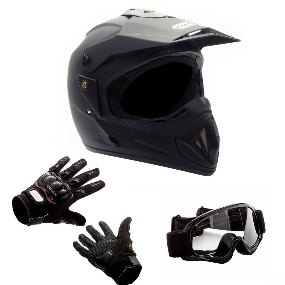 MMG Adult Motorcycle Off Road Helmet Combo, Includes Riding Gloves and Goggles. Size: M - Color: Matte Black
