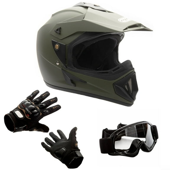 MMG Adult Motorcycle Off Road Helmet Combo, Includes Riding Gloves and Goggles. Size: XL- Color: Military Green
