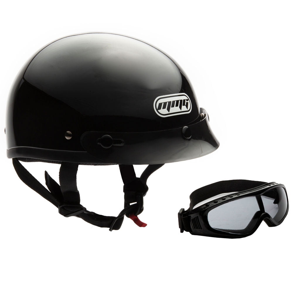 MMG Motorcycle Half Helmet Beanie DOT with goggles Gloss Black (Medium) Model 29