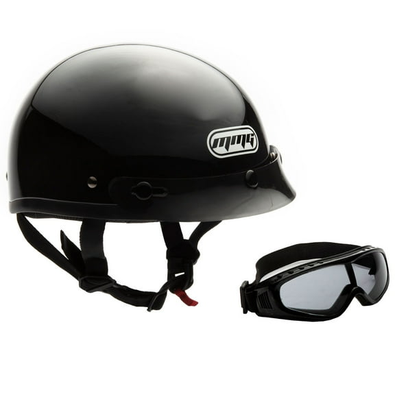 MMG Motorcycle Half Helmet Beanie DOT with goggles Gloss Black (Medium) Model 29