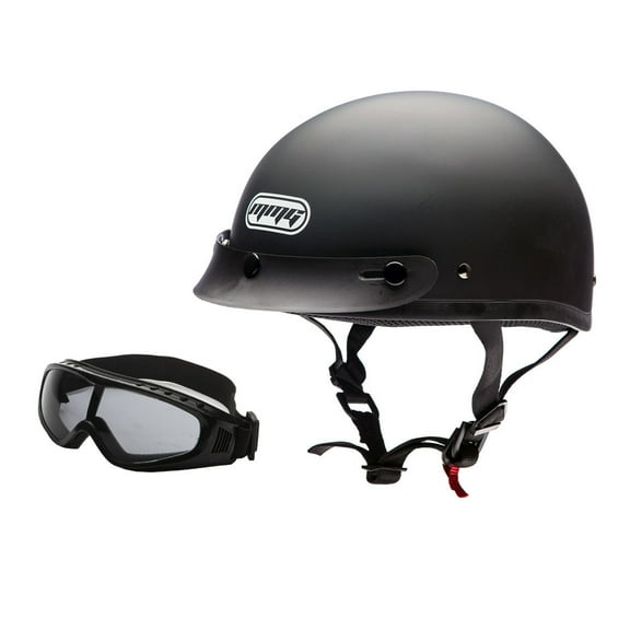 MMG Motorcycle Half Helmet Beanie DOT with goggles Matte Black (Large) Model 29