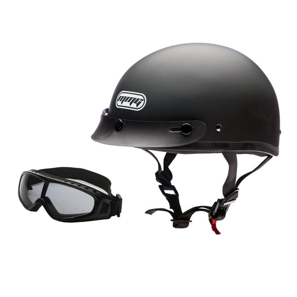 MMG Motorcycle Half Helmet Beanie DOT with goggles Matte Black (Medium) Model 29