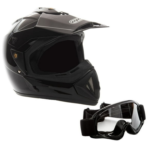 MMG Motorcycle Off-Road Helmet MX ATV Dirt Bike Gloss Black with Goggles (Large) Model 30