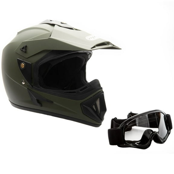 MMG Motorcycle Off-Road Helmet MX ATV Dirt Bike Matte Military Green with Goggles (X-Large) Model 30