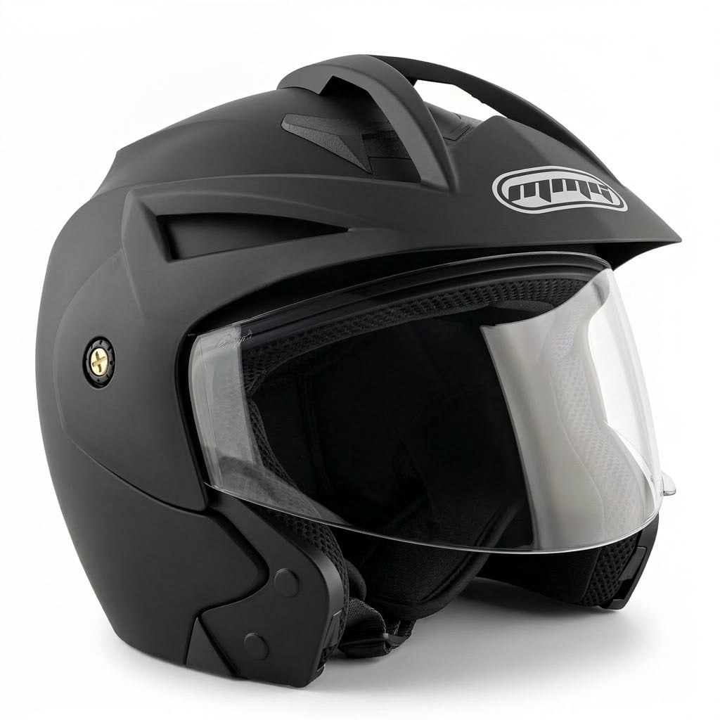 MMG Motorcycle Scooter Street Open Face Helmet DOT - Flip Up Shield - Matte Black (Large) Model 20