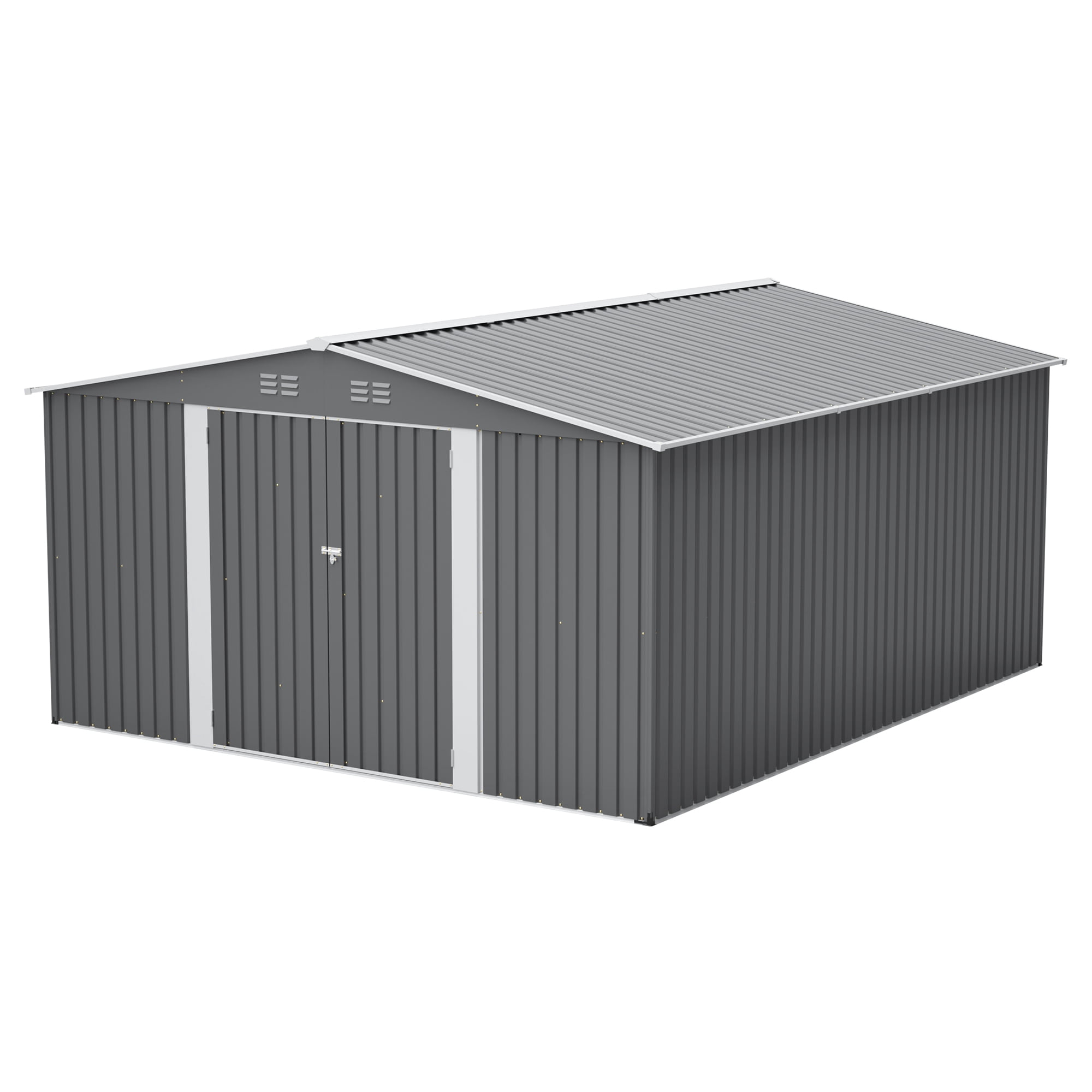 MMGW 12x14ft Metal Storage Shed, Lockable Double Doors, Light Gray