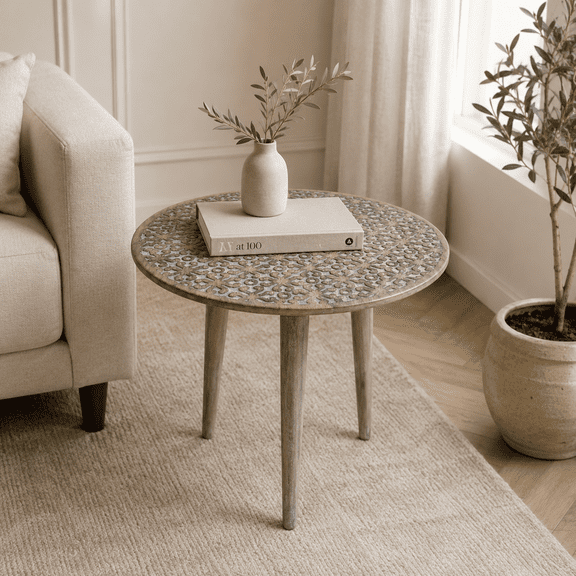 MMGW 21x21x22" Handcrafted Round Accent Table with Carved Floral Pattern, Mango Wood