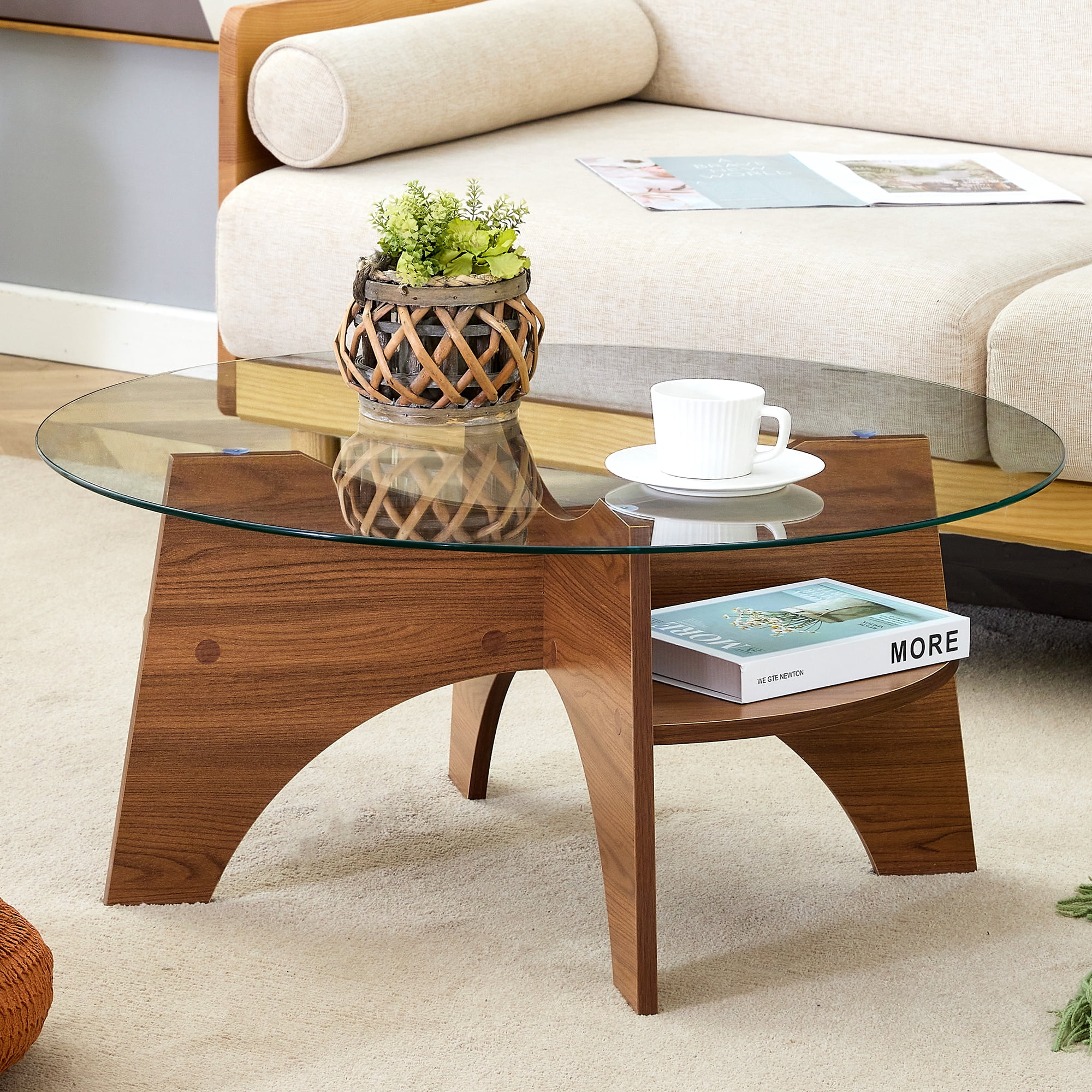 MMGW 31.5" Round Glass Coffee Table, Fan-Shaped Pedestal, Walnut Grain ...
