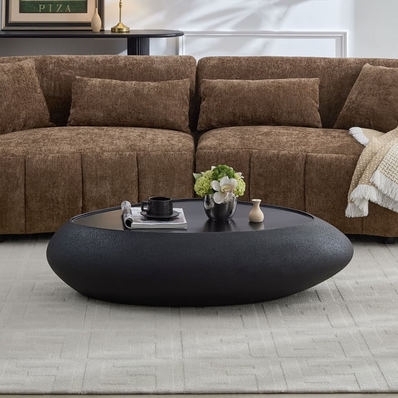 MMGW 47.24" Fiberglass Oval Coffee Table, Faux Matte Rocks, Irregular, No Assembly, Black