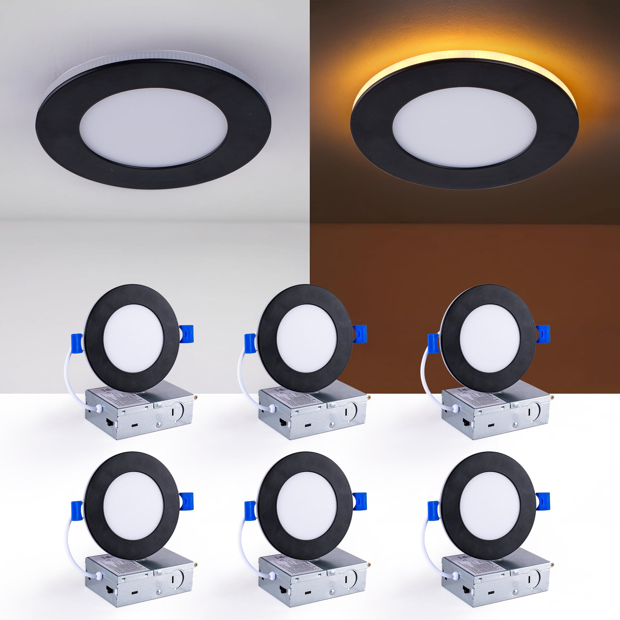 Rectangular Recessed Led Light MMGW 6-Pack 4-Inch Black Dimmable LED Recessed Light 2700K-5000K, 800LM ...