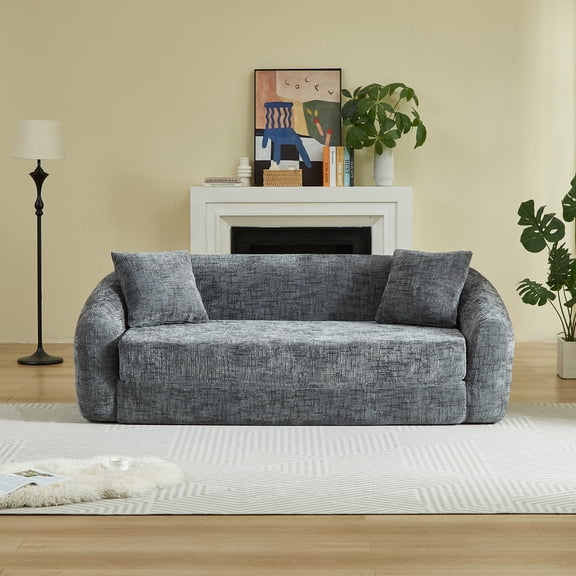 MMGW 87-Inch 2-Seater Convertible Sofa Bed, Grey - Curved, Pull-Out Base, Deep Seat, Chenille, 2 Pillows, No Assembly