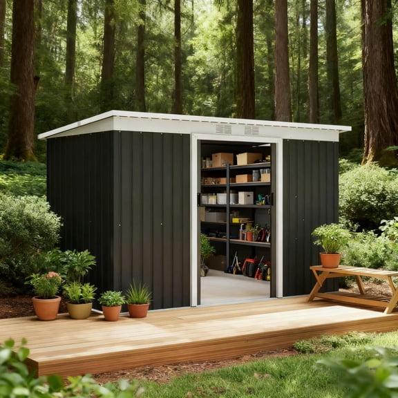 MMGW Dark Gray Garden Storage Shed, 9x4ft, Double Lockable Doors
